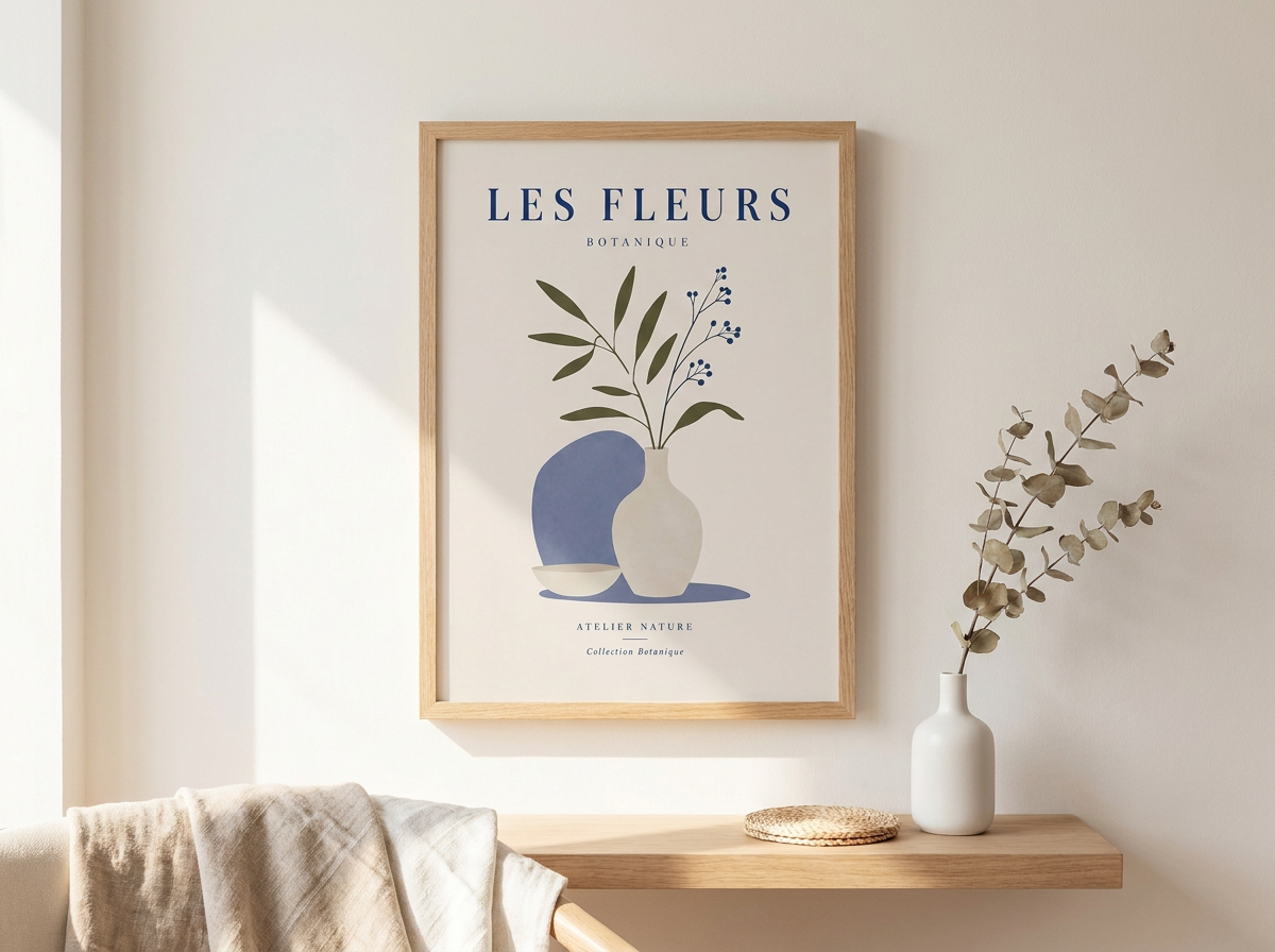 Framed artwork with 'LES FLEURS' text and floral design on a wall above a wooden shelf.