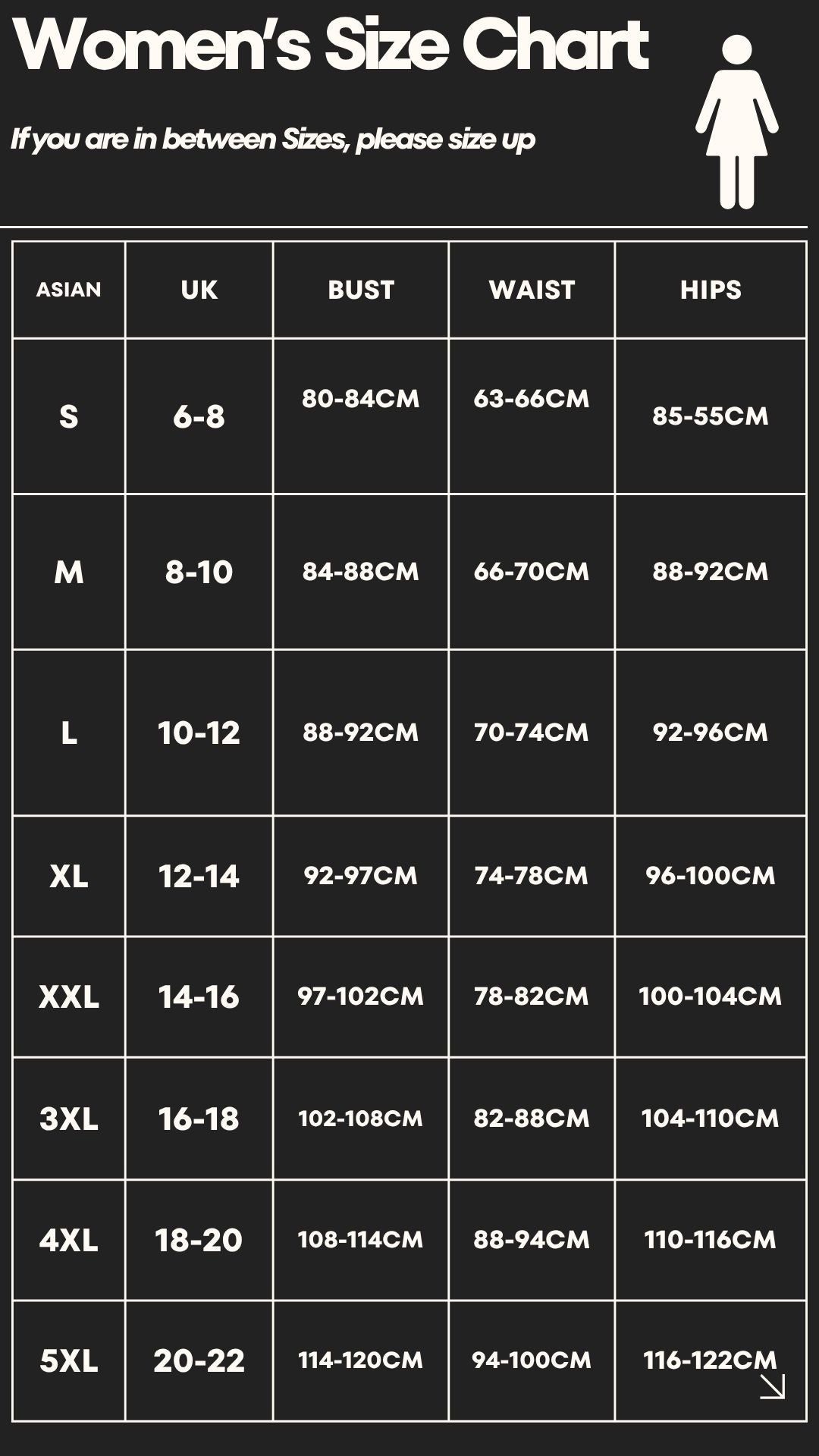 Women's size chart with measurements for bust, waist, and hips.