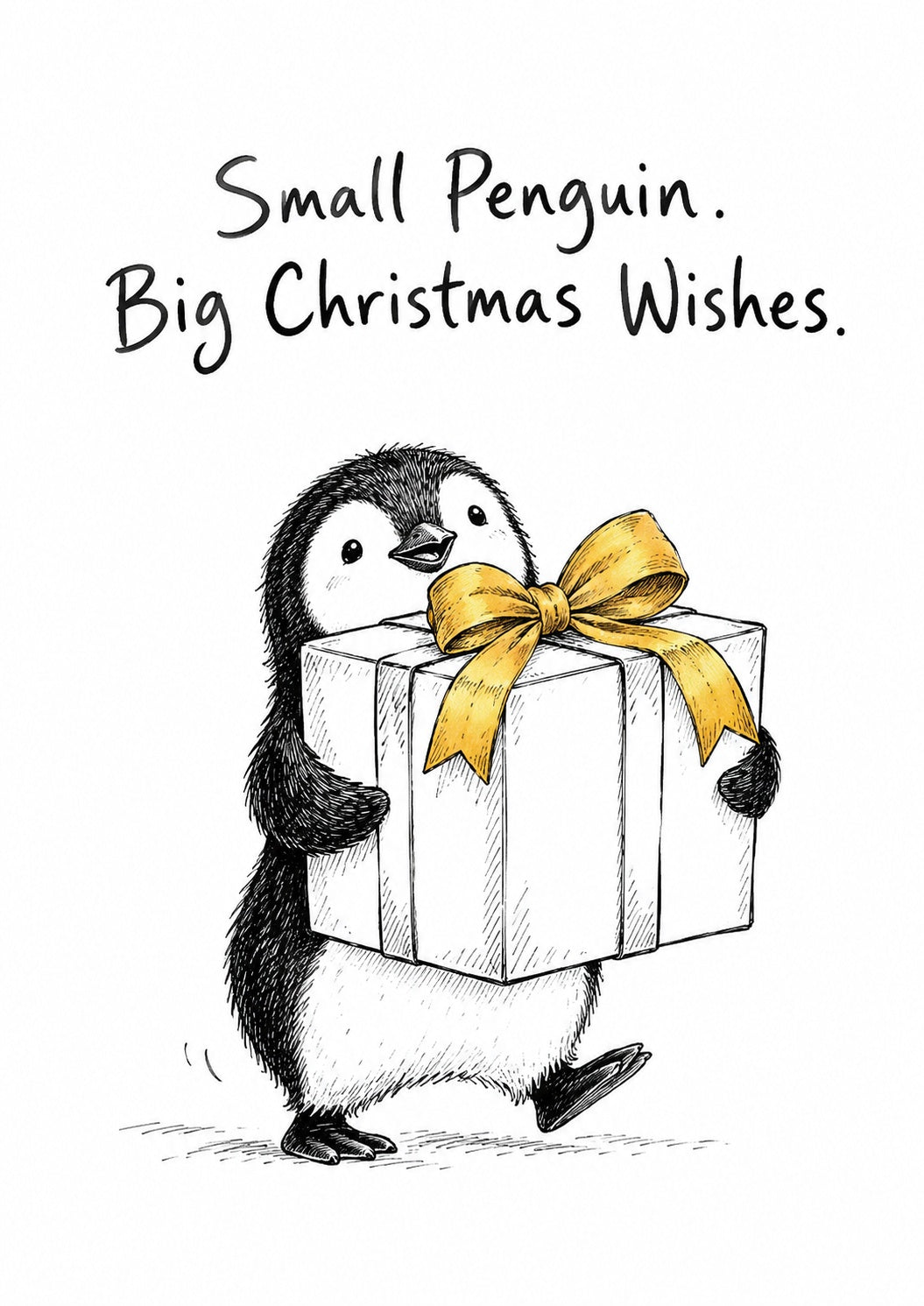 A Christmas greeting card design featuring a black and white sketch of a penguin carrying a large white gift box with a yellow ribbon. Above the illustration, the text reads 'Small Penguin.