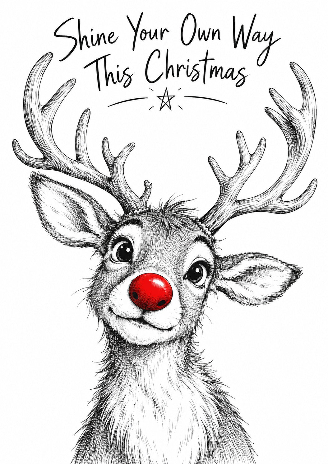 A black and white sketch-style illustration of a reindeer with large antlers and a bright red nose, with the phrase 'Shine Your Own Way This Christmas' above it on a white background.