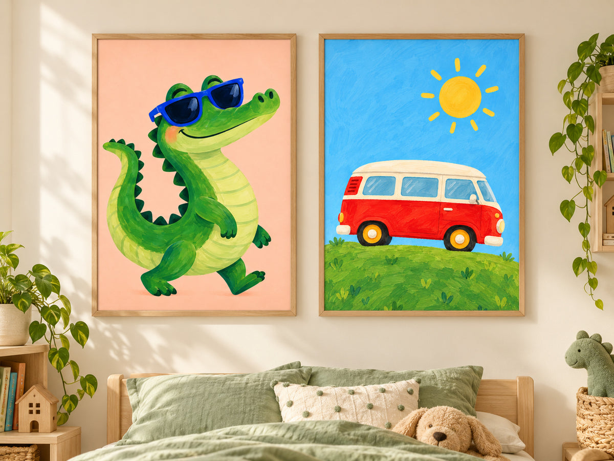 Two oak-framed posters above a bed with sage-green bedding: a smiling crocodile in sunglasses and a red camper van beneath a yellow sun.