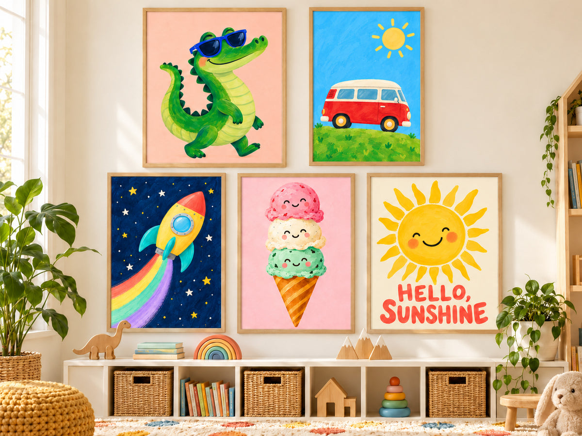 Five framed kids posters above toy storage: a sunglasses-wearing crocodile, red camper van, rainbow rocket, smiling ice cream and Hello, Sunshine sun.