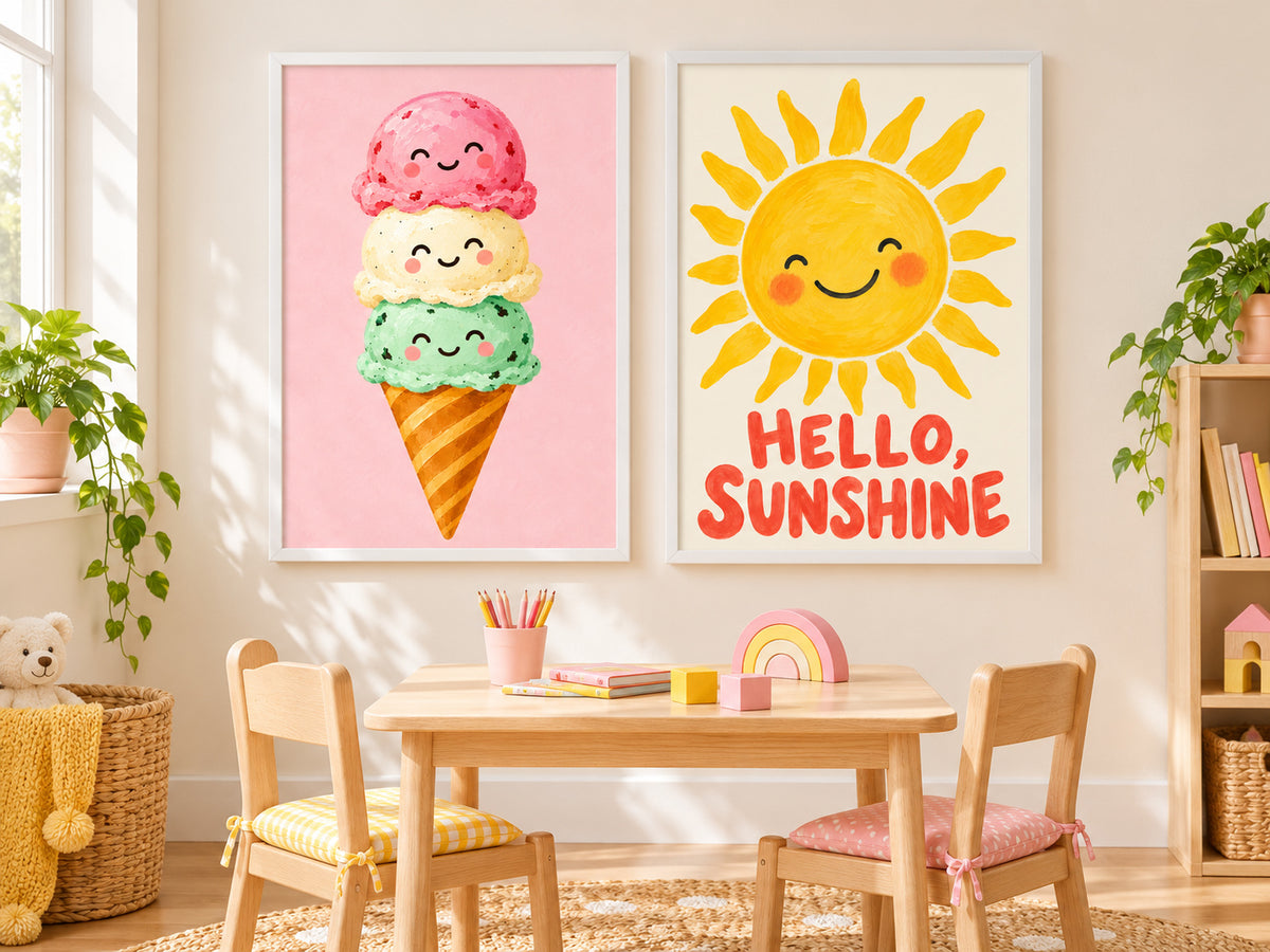 Two white-framed posters above a children’s table: three smiling ice-cream scoops on pink and a yellow sun with coral Hello, Sunshine lettering.