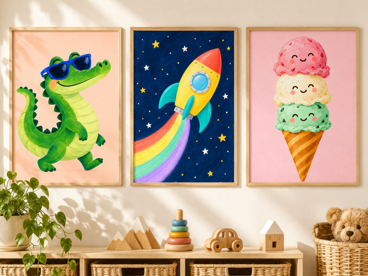 Three oak-framed kids posters above wooden toy storage: a green crocodile in blue sunglasses, a rainbow rocket and smiling ice cream.