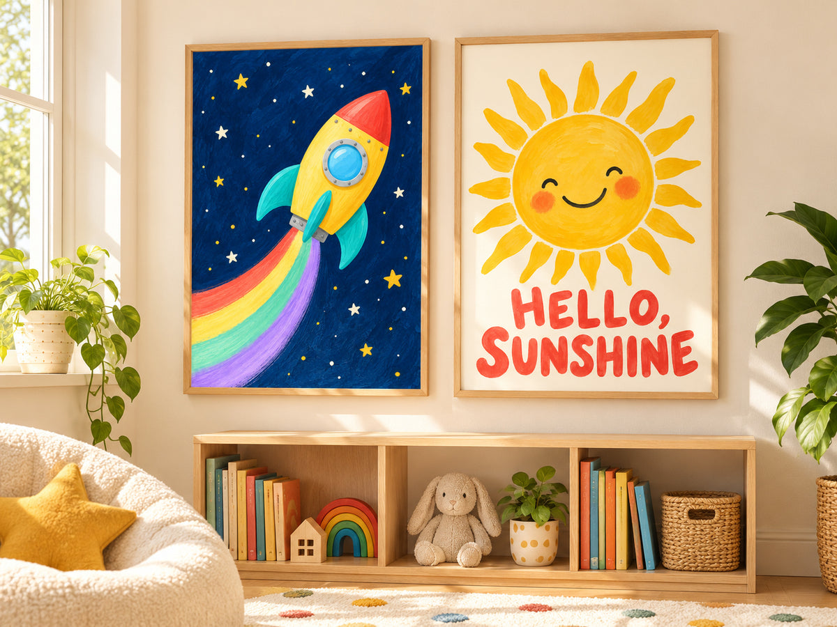 Framed rainbow rocket and Hello, Sunshine posters above a low bookshelf in a cosy children’s reading corner