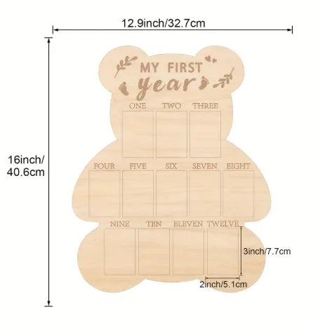 Wooden bear-shaped milestone board with measurements on a white background