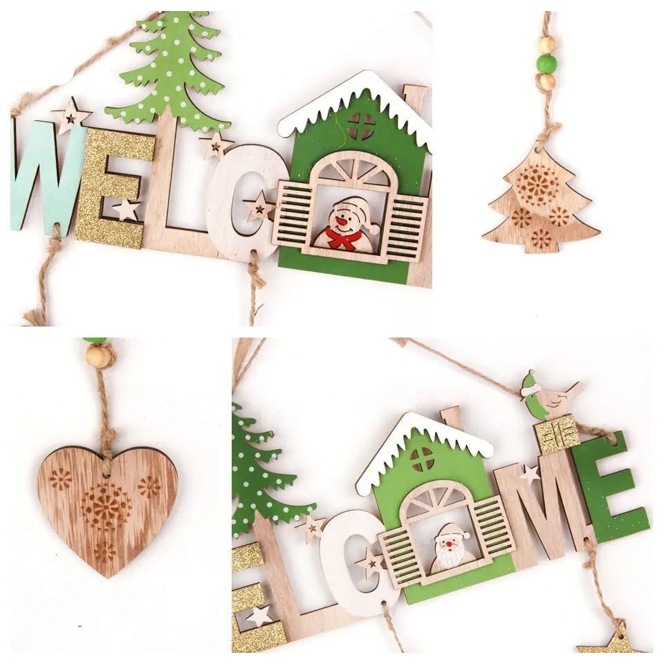 Wooden Christmas decorations with 'Welcome' text and festive elements on a white background