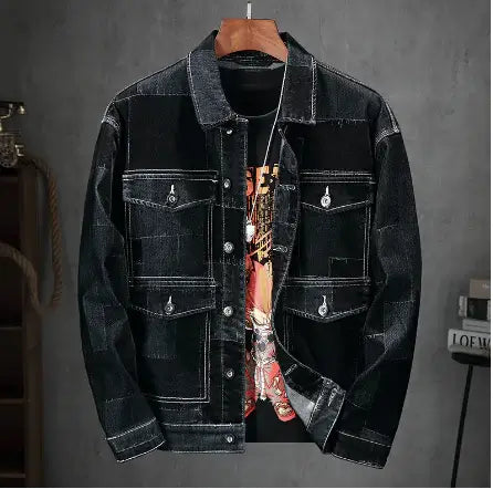 Men’s vintage black denim jacket with flocked panel design, front view 