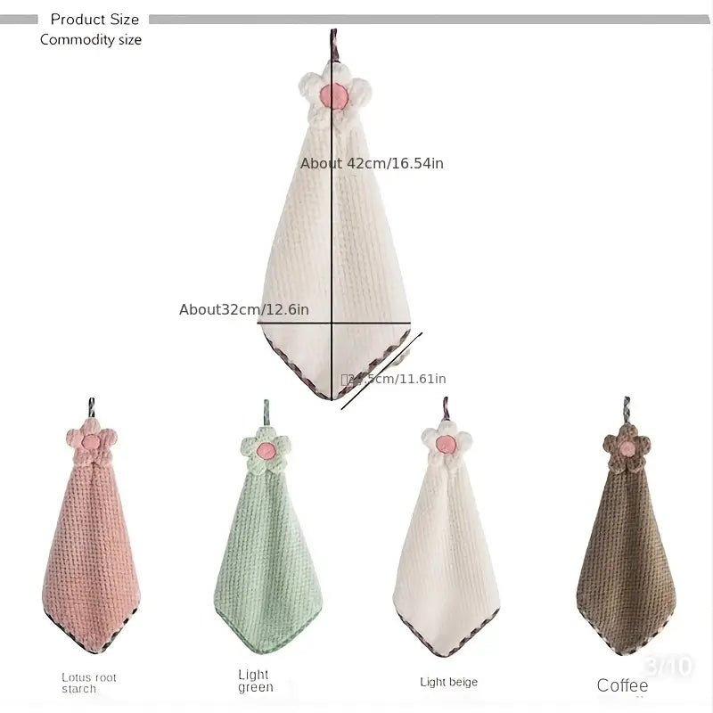 Set of hanging towels in different colors with measurements on a white background