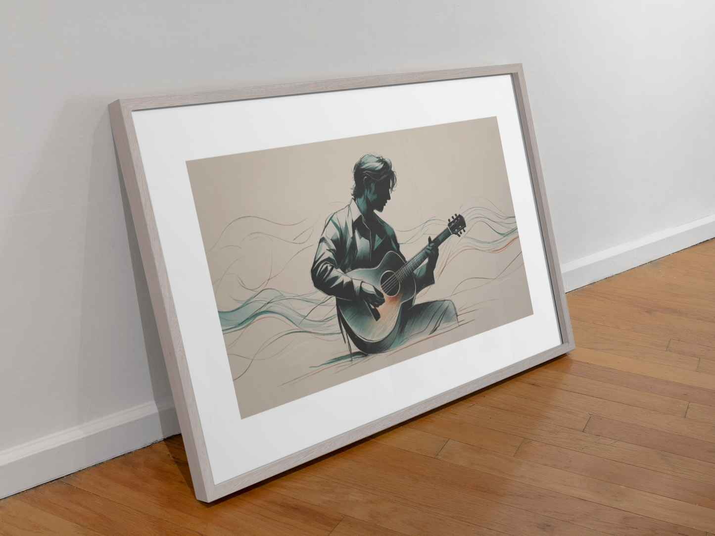 Framed artwork of a person playing guitar on a wooden floor against a white wall.