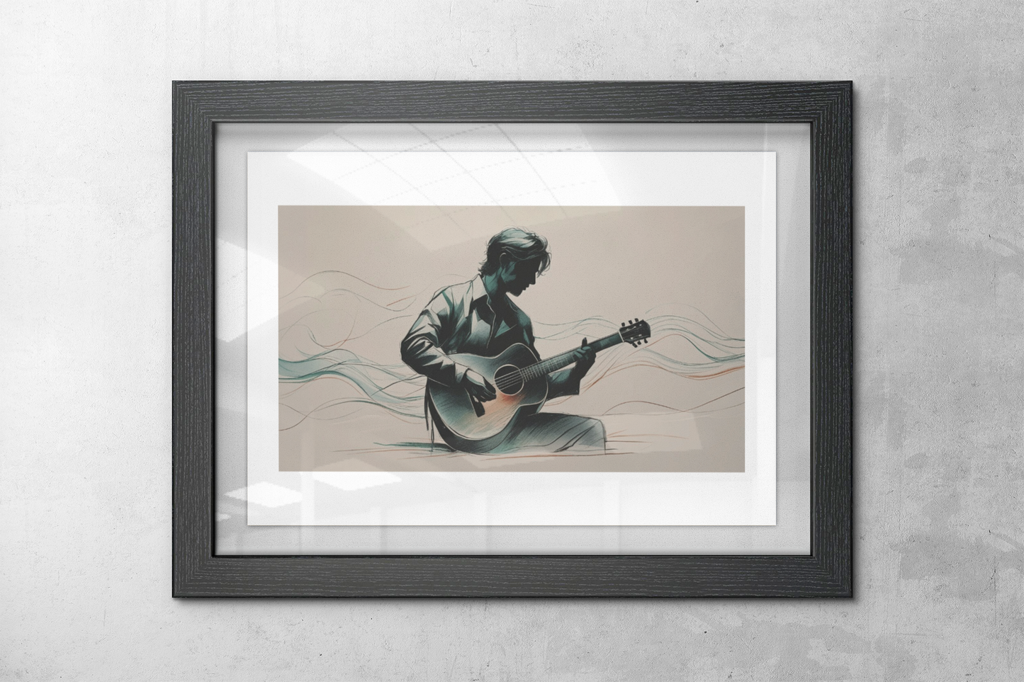Framed artwork of a silhouette playing a guitar on a textured wall.