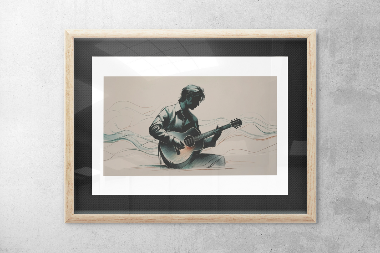Framed artwork of a person playing guitar on a textured wall.
