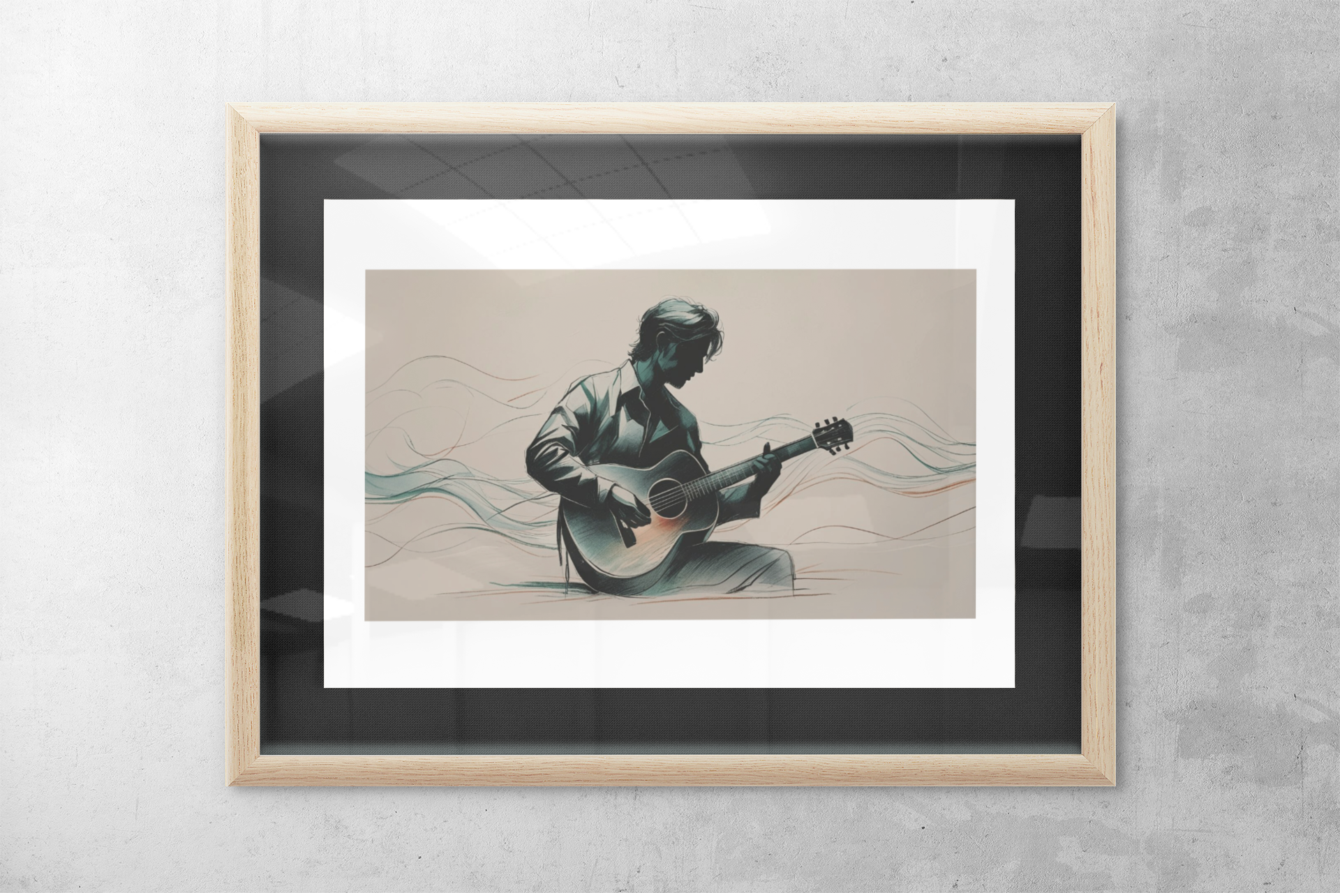 Framed artwork of a person playing guitar on a textured wall.