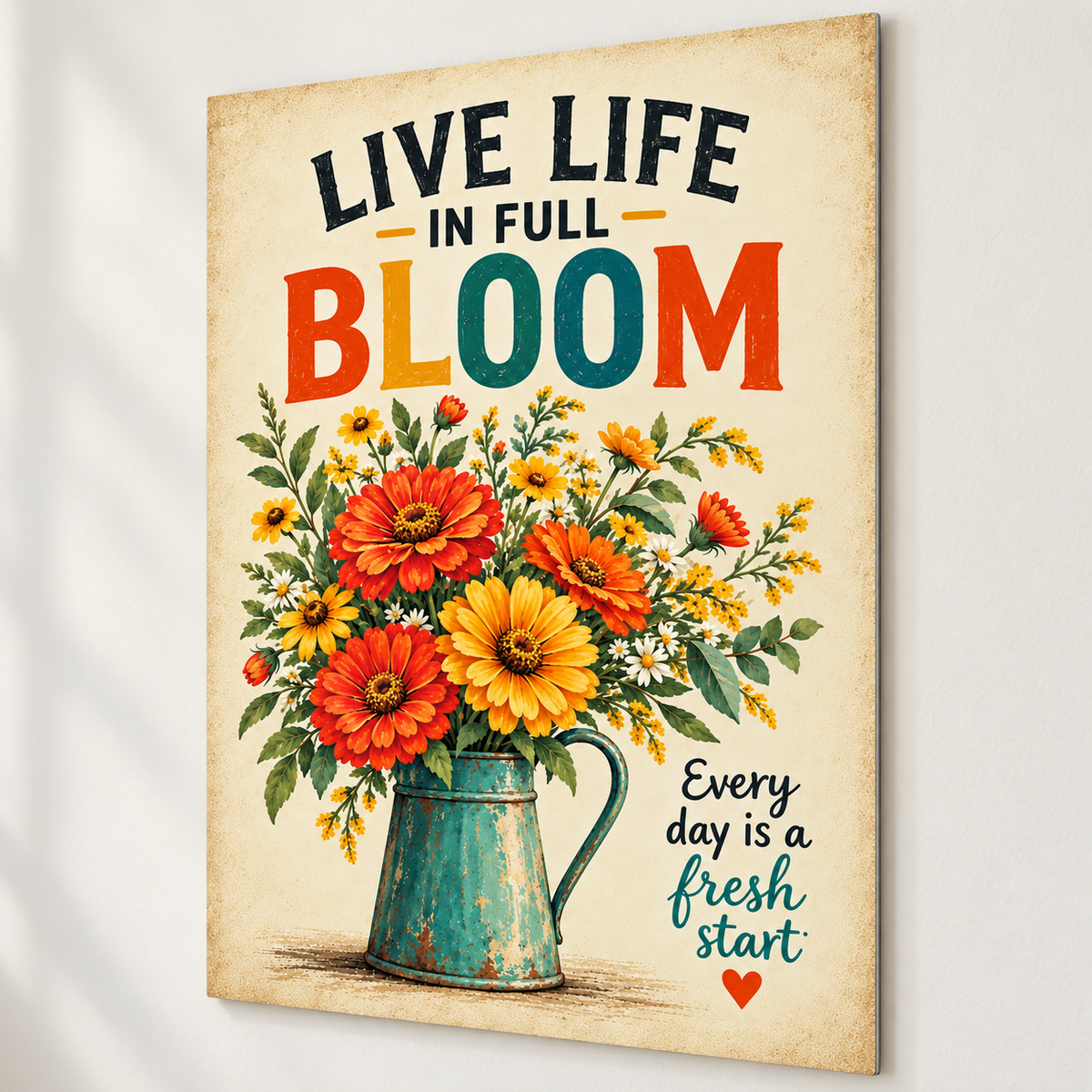 A vertical metal wall art print featuring a vintage-style floral design with the text 'LIVE LIFE IN FULL BLOOM' and 'Every day is a fresh start' on a warm beige background.