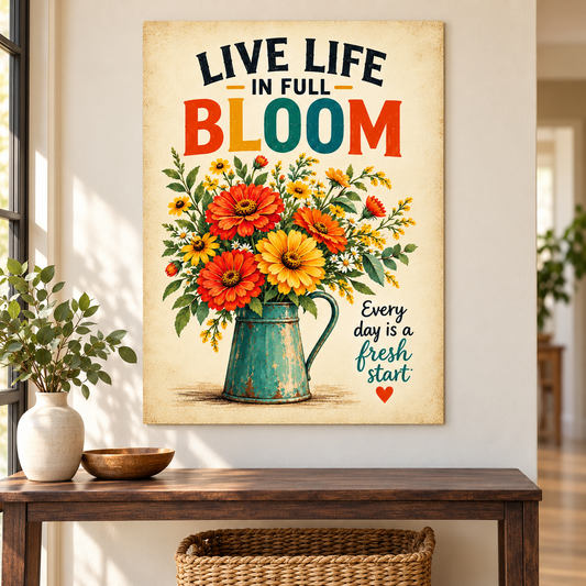 A vertical wall art print featuring a vintage-style floral bouquet in a teal pitcher with the text 'LIVE LIFE IN FULL BLOOM' and 'Every day is a fresh start' on a warm beige background, displayed on a wall above a wooden console table in a styled interior.