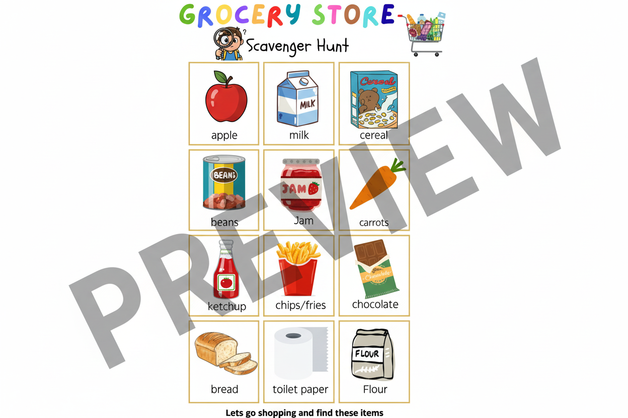 Scavenger hunt sheet for a grocery store with images and labels of common items.