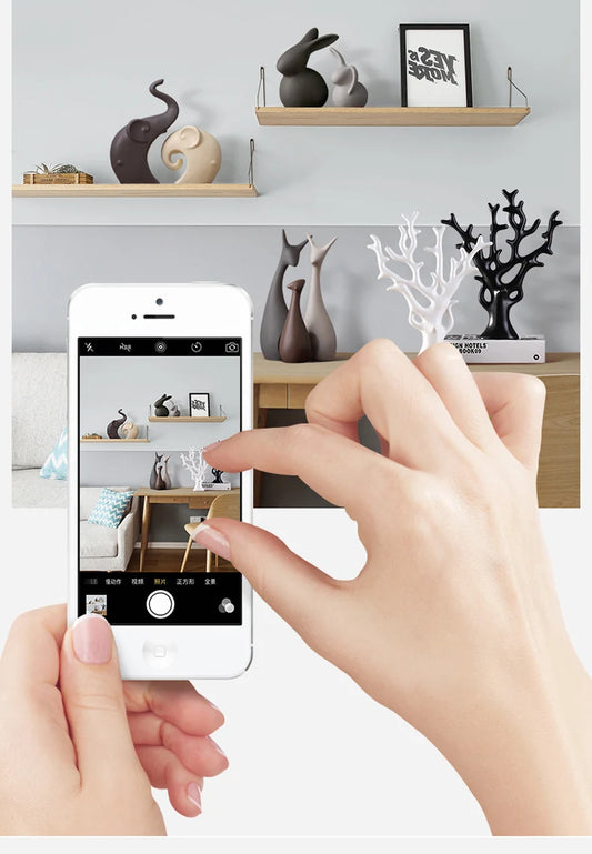 Person using a smartphone to take a photo of a room with decor