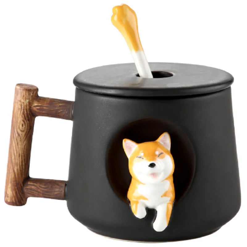 Cute 3D Shiba Inu dog ceramic mug with lid and spoon
