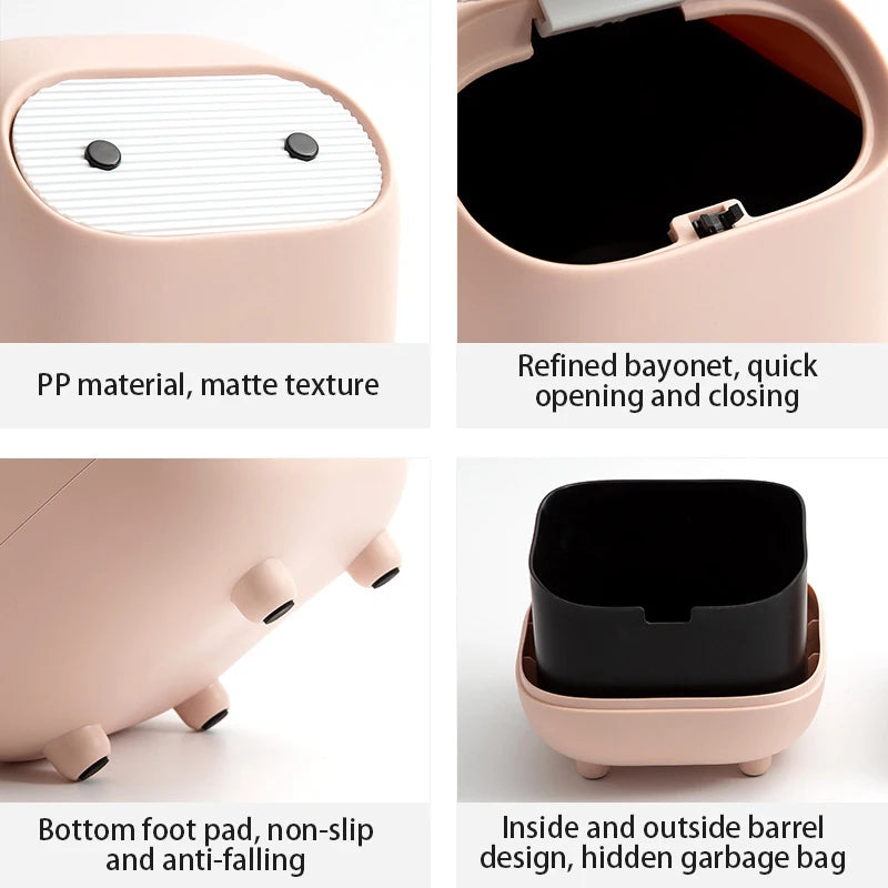 Product features of a pink pet waste bag dispenser with text labels on a white background.
