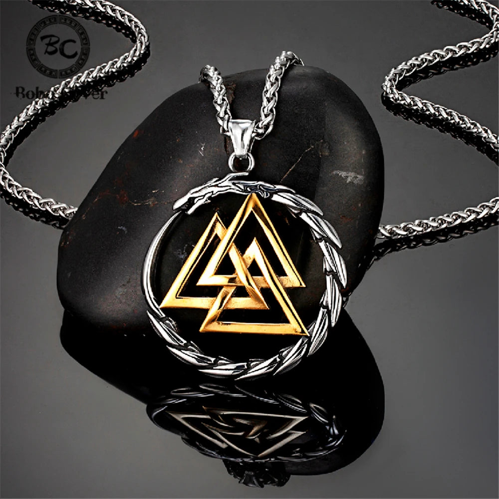 Gold Viking rune pendant necklace with triangular Nordic symbol on stainless steel chain
