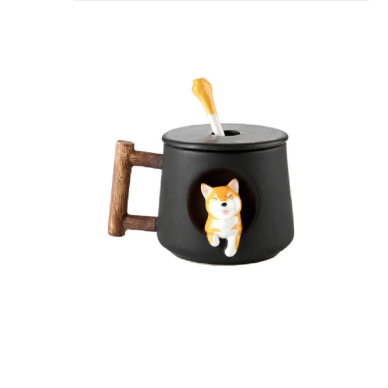 Cute 3D Shiba Inu dog ceramic mug with lid and spoon