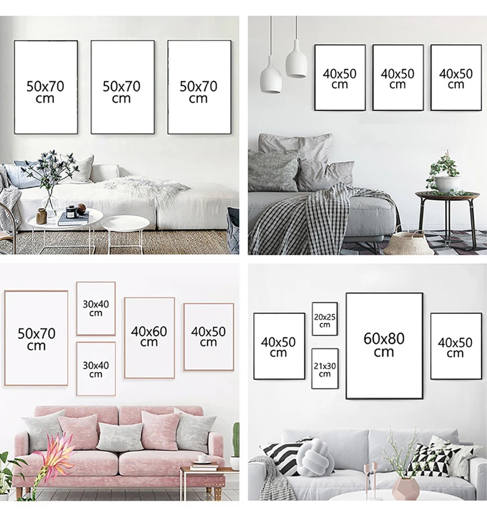 Collage of living room and bedroom scenes with framed pictures of different sizes.