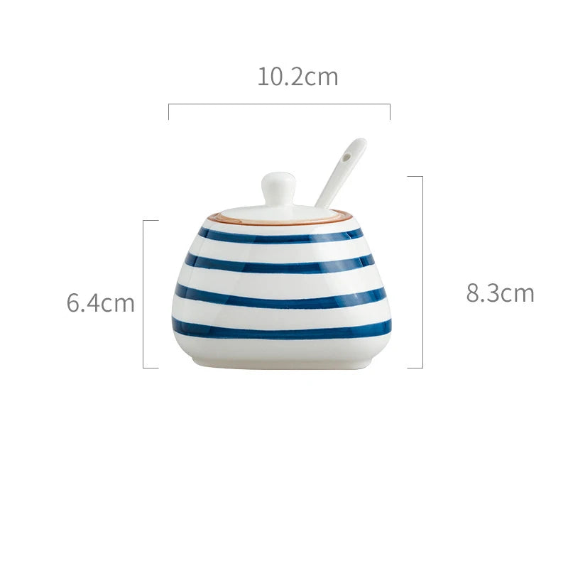 Blue and white striped ceramic container with dimensions on a white background