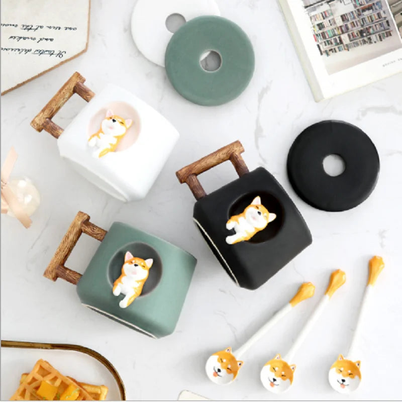 Cute 3D Shiba Inu dog ceramic mug with lid and spoon