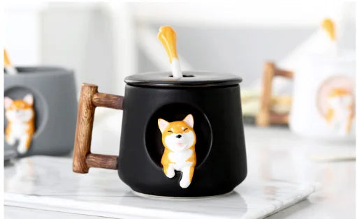 Cute 3D Shiba Inu dog ceramic mug with lid and spoon
