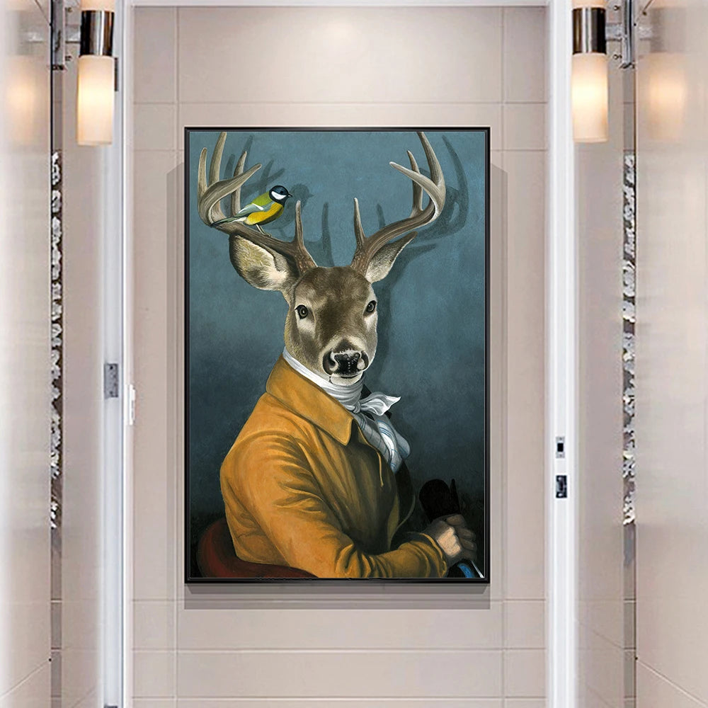 Framed artwork of a deer wearing a yellow jacket with a bird on its head, mounted on a wall.