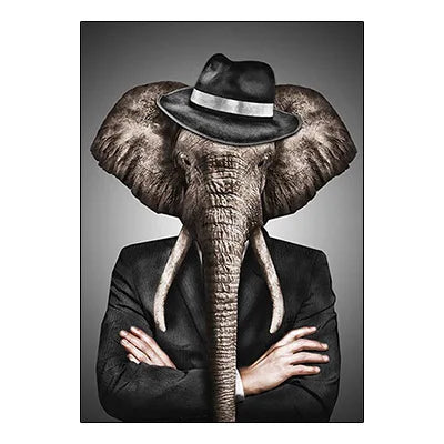 Elephant wearing a black suit and hat with arms crossed on a gray background