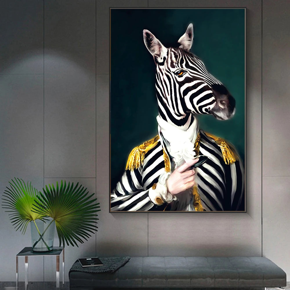 Framed artwork of a zebra in a formal outfit on a wall.