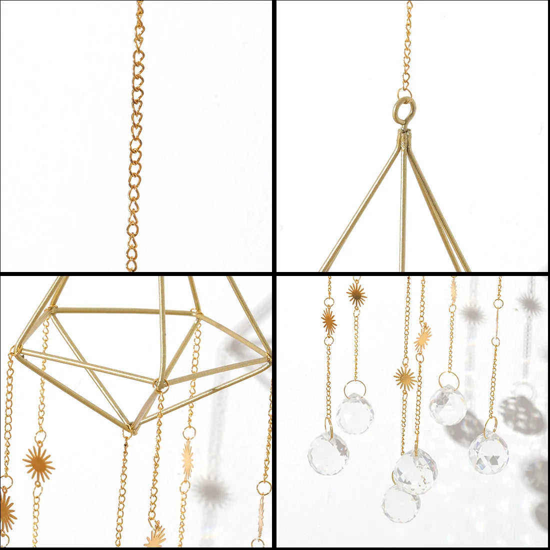 Collage of gold geometric hanging decorations with crystal pendants on a white background.