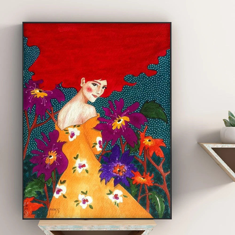 Colorful artwork of a woman with red hair and flowers on a white wall.