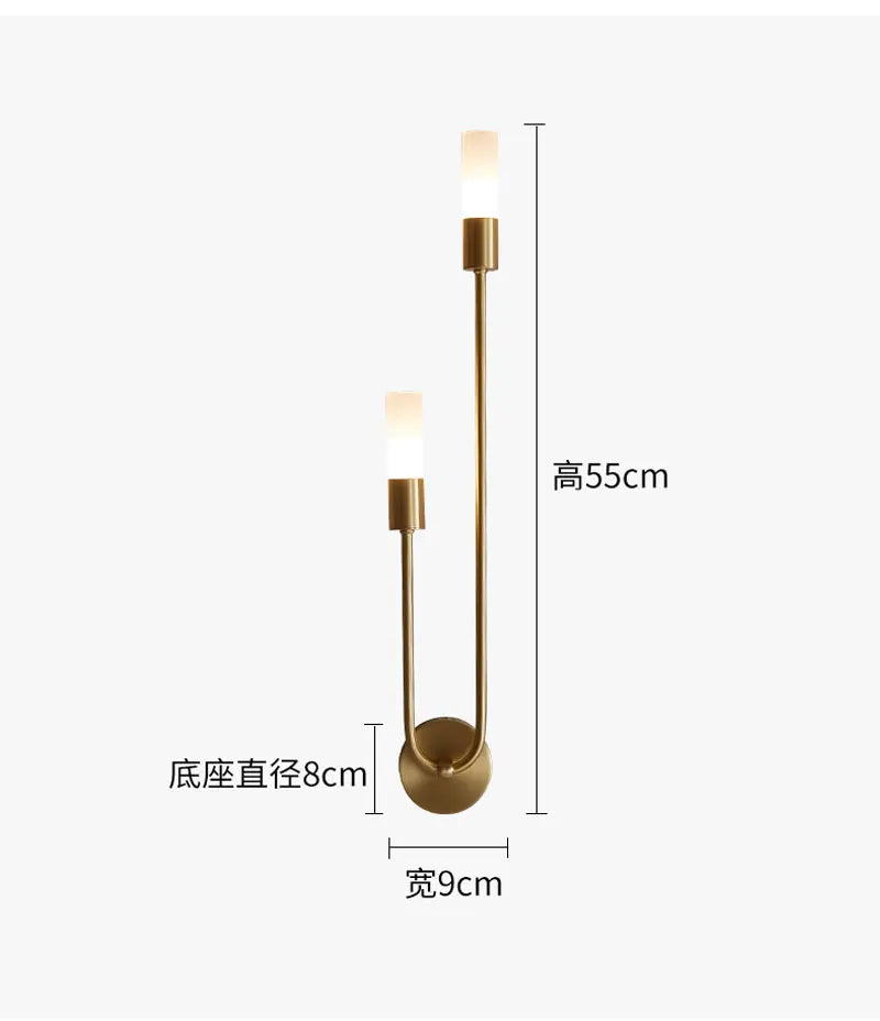 Gold floor lamp with dimensions on a white background