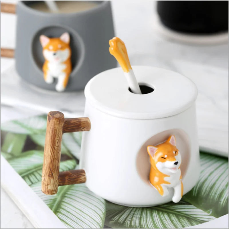 Cute 3D Shiba Inu dog ceramic mug with lid and spoon