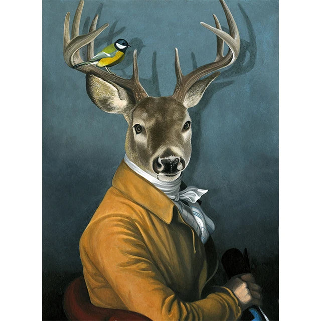 Deer wearing a brown coat with a bird on its head against a dark blue background