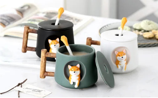 Cute 3D Shiba Inu dog ceramic mug with lid and spoon