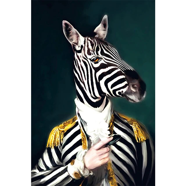 Zebra wearing a formal outfit with gold accents against a dark background