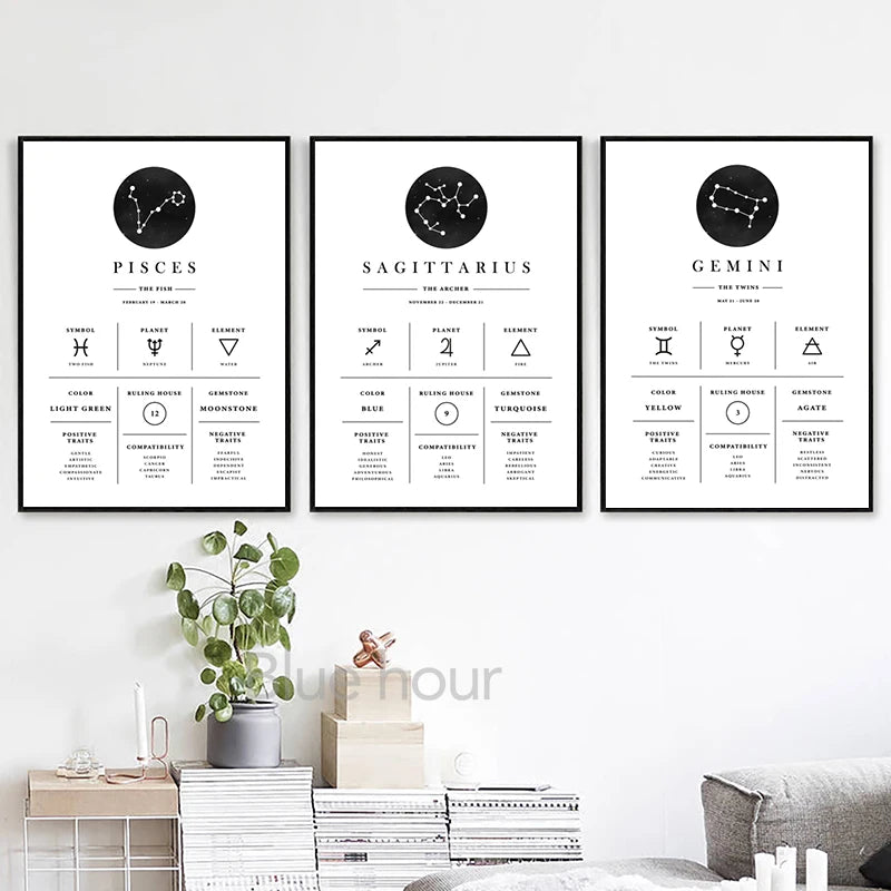 Three framed astrological posters on a wall with decorative elements below.