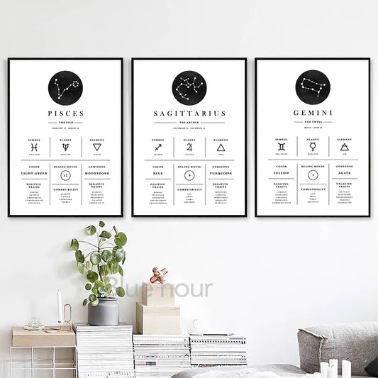 Three framed astrological posters on a wall with decorative elements below.