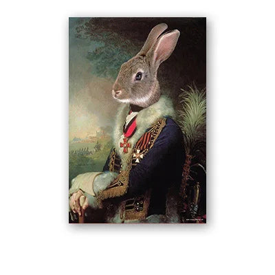 Framed artwork of a rabbit in a formal outfit with decorative elements