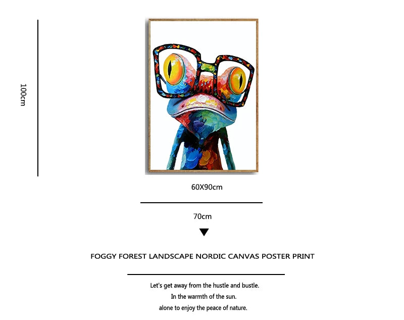 Colorful abstract art print of a creature with glasses on a white background, featuring dimensions and text.