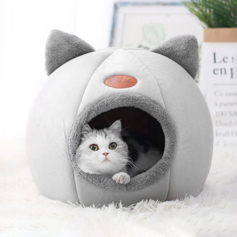 Deep sleep winter cat bed with cozy cave design and plush inner cushion for indoor pets