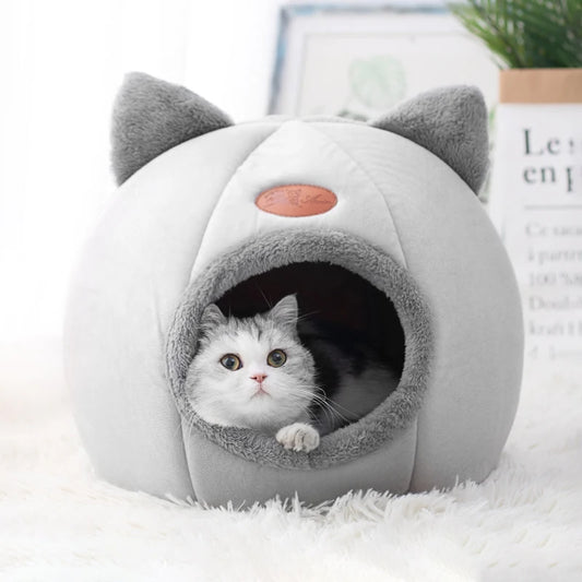 Deep sleep winter cat bed with cozy cave design and plush inner cushion for indoor pets