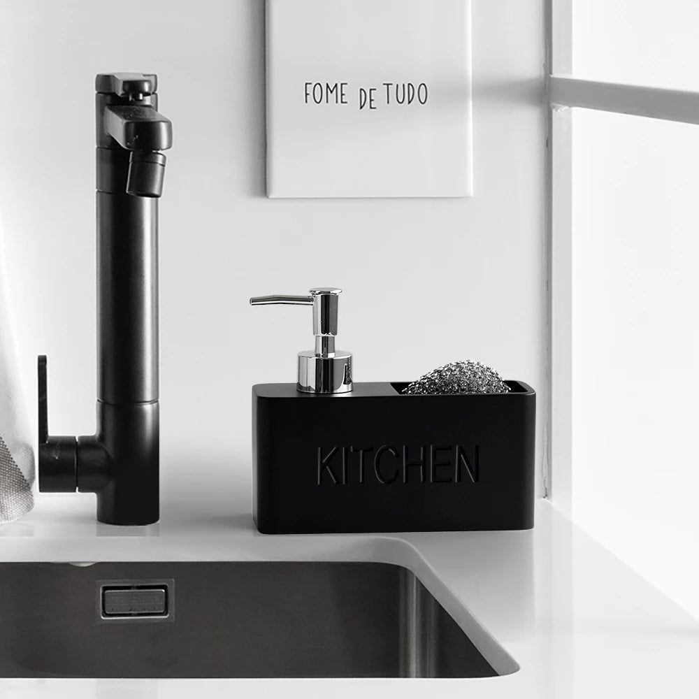Modern black kitchen soap dispenser with integrated sponge holder and polished silver pump.