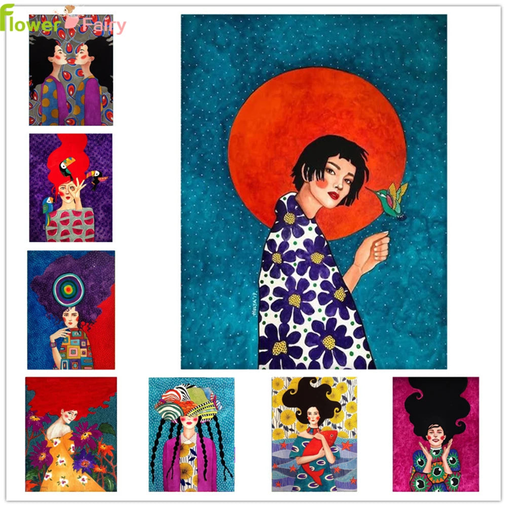 Colorful artwork of a woman with a red circle in the sky, surrounded by smaller images of different women with unique hairstyles and clothing.