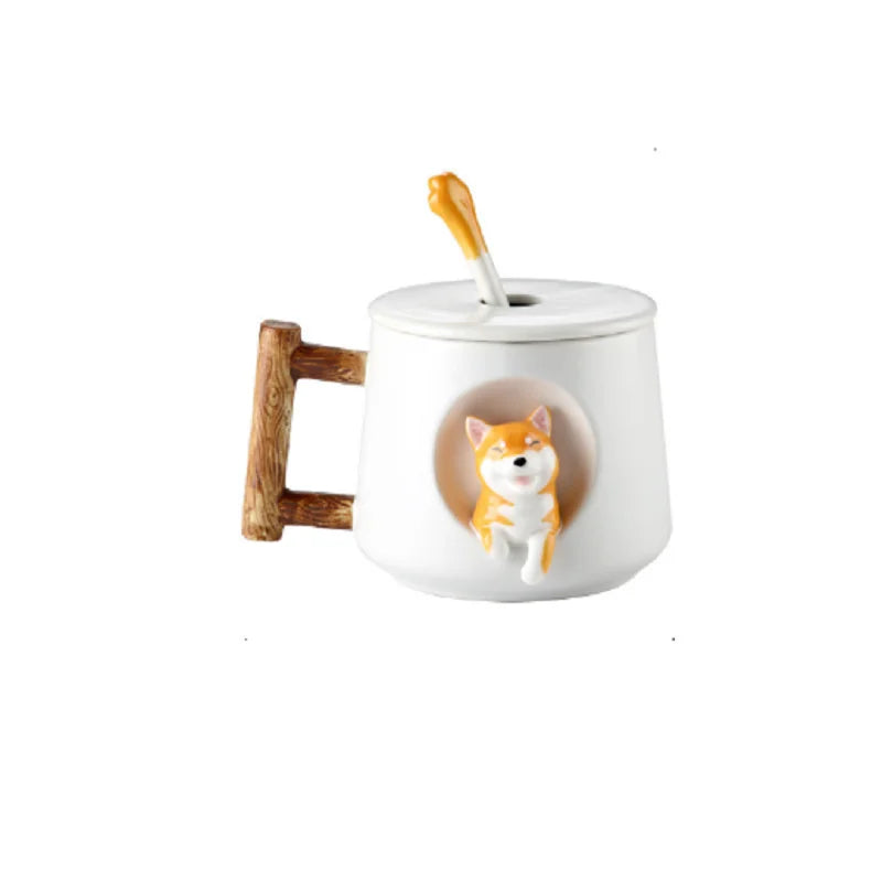 Cute 3D Shiba Inu dog ceramic mug with lid and spoon