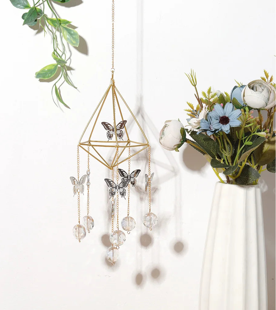 Crystal hanging window ornament with butterfly design and faceted crystal beads