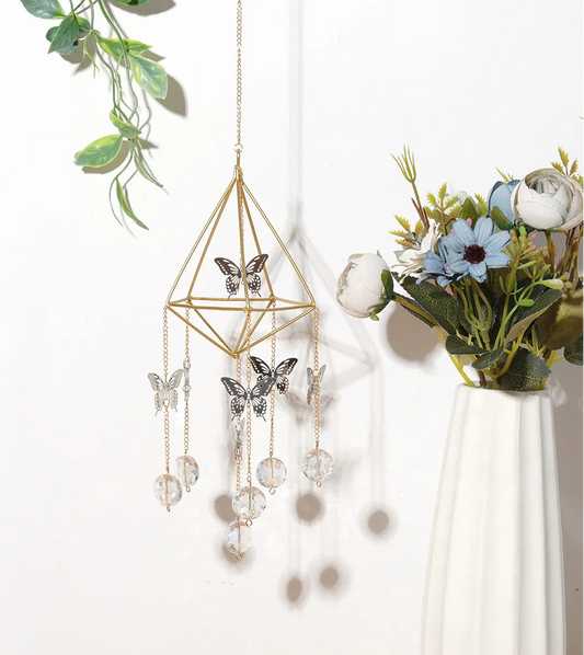 Crystal hanging window ornament with butterfly design and faceted crystal beads